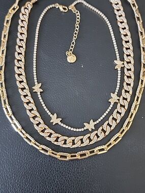 Gold Layered Butterfly & Curb Chain Necklace Set Of 3